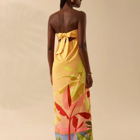 Multicolor Boho Womens Tropical Print Sleeveless Hollow Knot Tube Top Dress - Picture 2 of 7